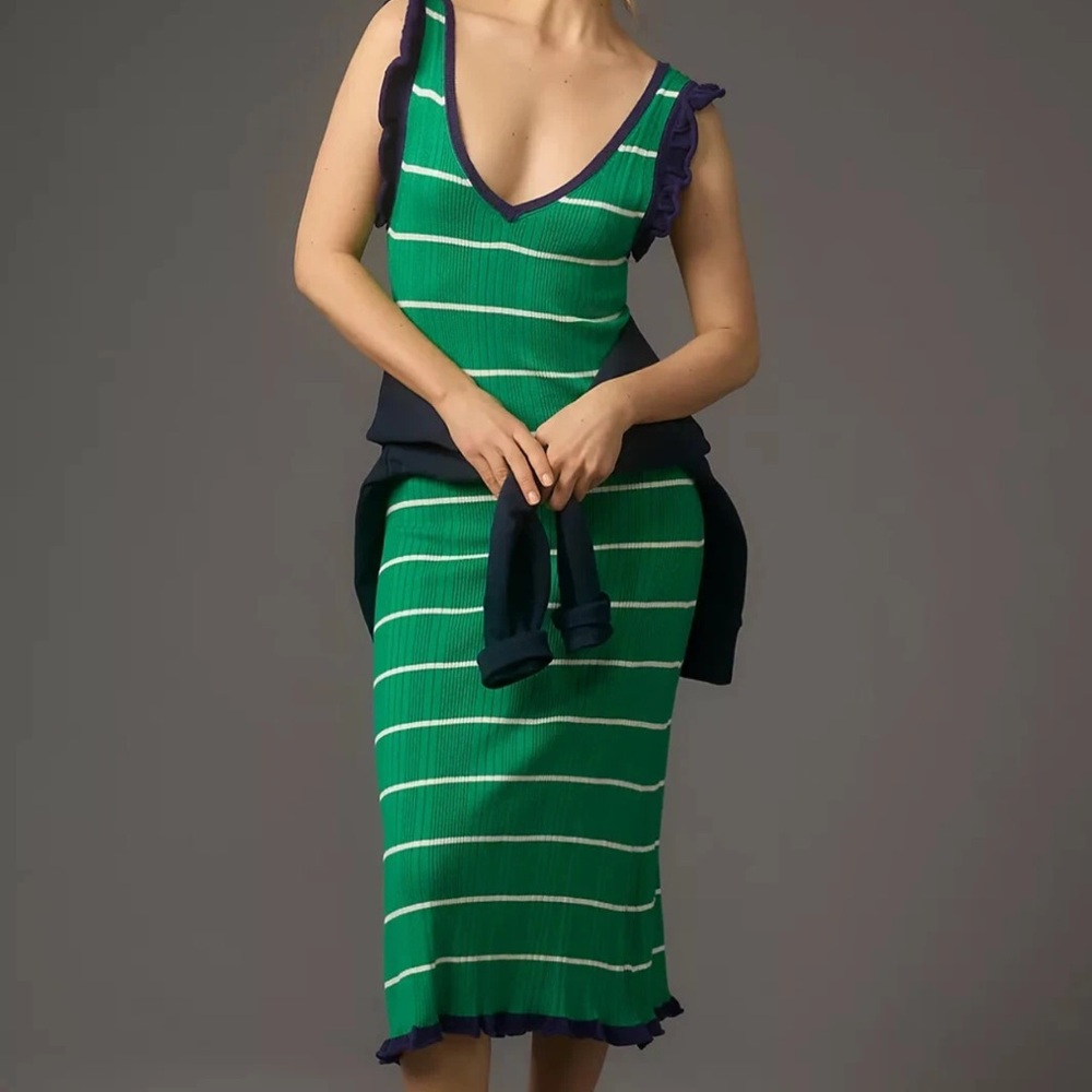 Daily Practice Womens Midi Dress Green and Navy Striped Dress